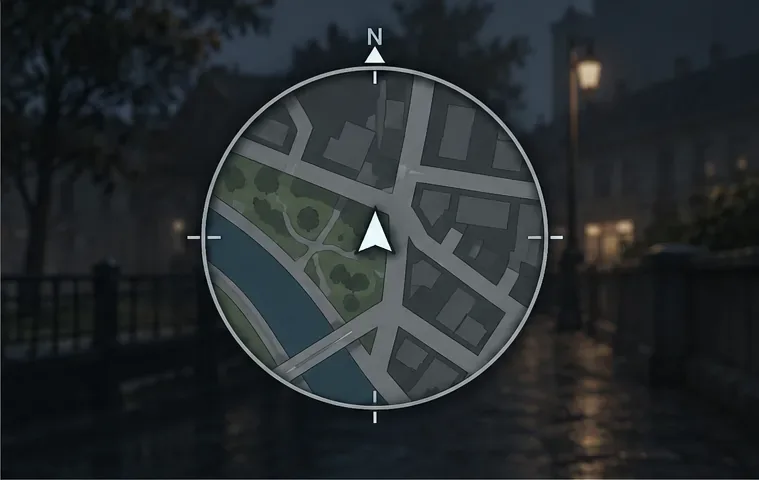 A circular minimap crops the same fictional street and river layout into a round viewing area