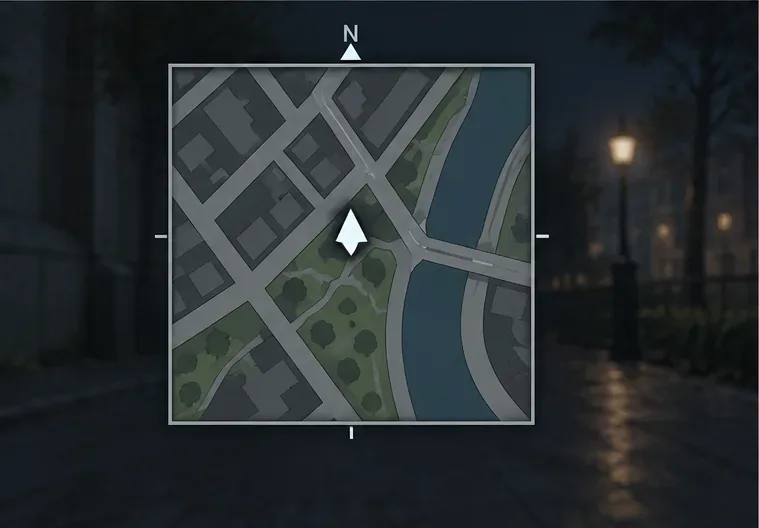 A square minimap with rotated streets and a player arrow pointing toward the top of the display