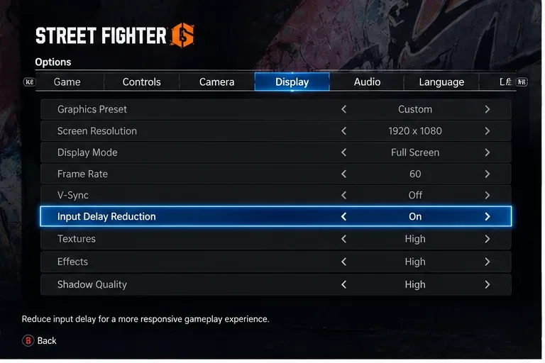 Pantalla de opciones de visualización al estilo de Street Fighter 6 con la reducción de retardo de entrada activada.
