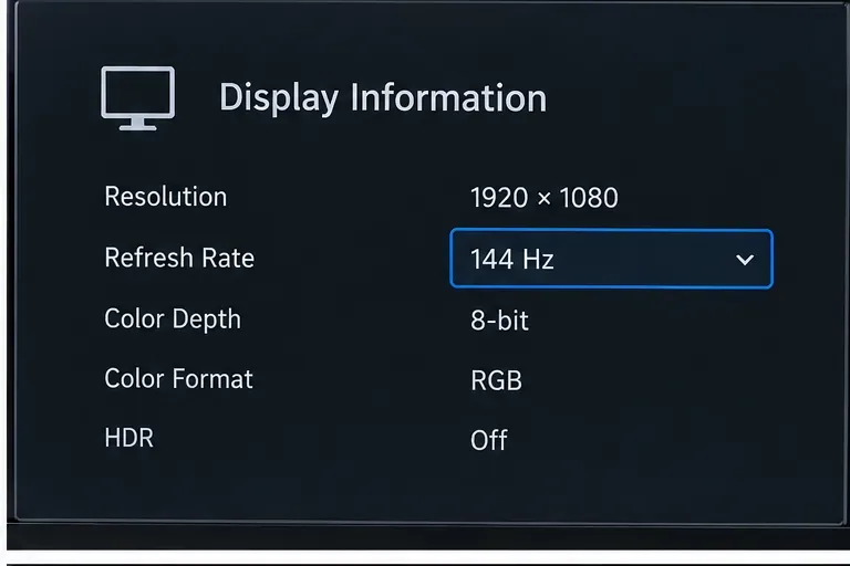 Pantalla de información del monitor con resolución de 1920 x 1080 a 144 Hz.