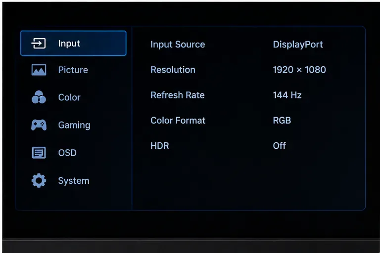 Pantalla de información del monitor que muestra la entrada DisplayPort, resolución de 1920 x 1080 y frecuencia de actualización de 144 Hz.