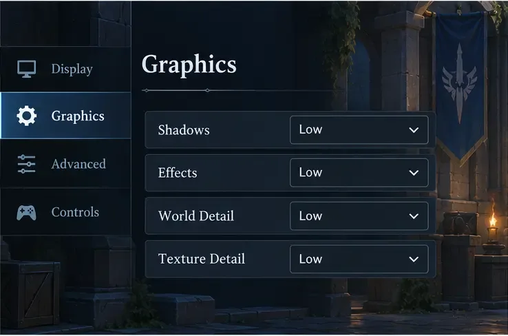 Diagramme des paramètres graphiques génériques avec les ombres, les effets, le niveau de détail du monde et le niveau de détail des textures réglés sur Faible.