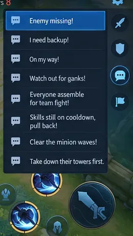 Example in-match quick message list showing enemy missing, backup, on my way, gank warning, team fight, cooldown, minion wave, and tower calls