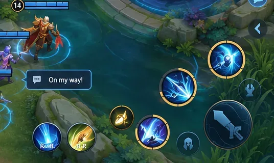 Honor of Kings-style battle scene showing an On my way quick-chat call beside movement and ability controls