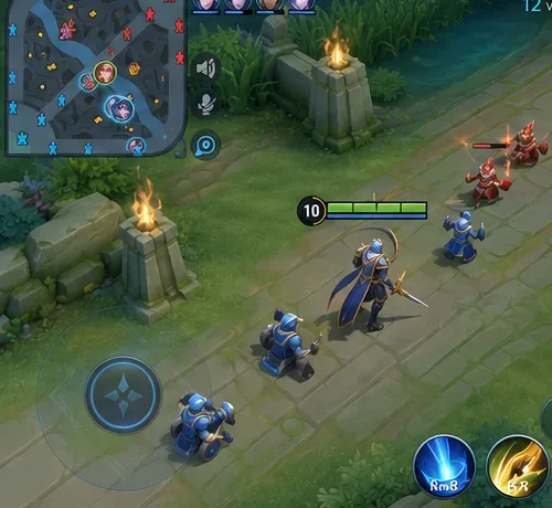 Honor of Kings-style lane view with a minimap showing multiple heroes and minion waves before a rotation call