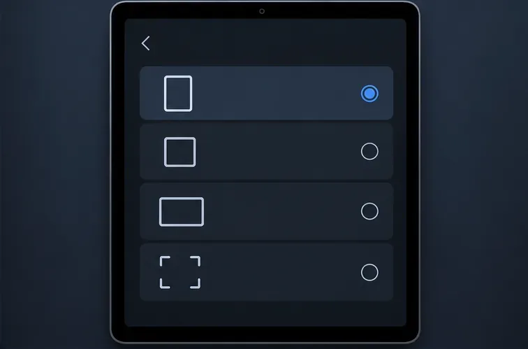 Auf einem generischen Bildschirm mit Tablet-Displayeinstellungen werden vier reine Symboloptionen für die Proportionen von App-Fenstern angezeigt.