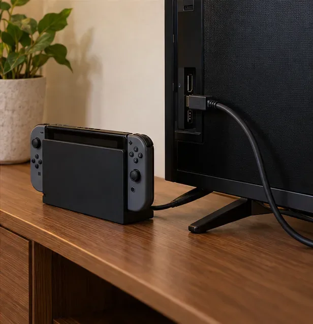 La base de carga de Nintendo Switch se coloca al lado de la parte trasera del televisor, con un cable HDMI conectado directamente al televisor.