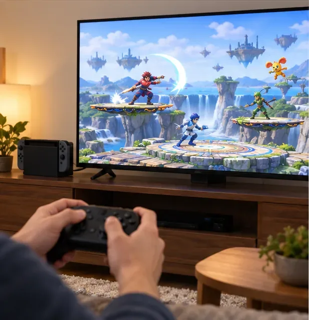 Un jugador sostiene un mando mientras una Switch conectada a la base muestra un colorido juego de lucha en un televisor, lo que ilustra una prueba de práctica tras cambiar la configuración de pantalla.