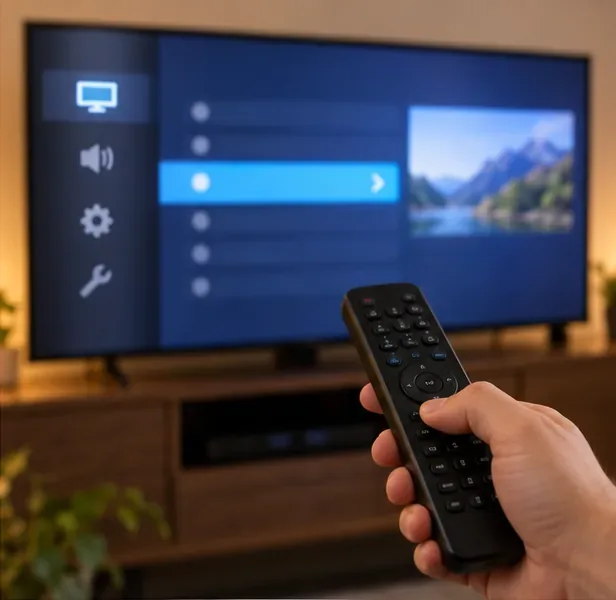 Una mano apunta con un control remoto a un televisor que muestra un menú de configuración de imagen borroso, lo que ilustra la selección del preajuste de imagen "Juego" del televisor.