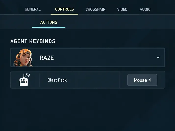 Raze agent profile showing Blast Pack assigned to Mouse 4.