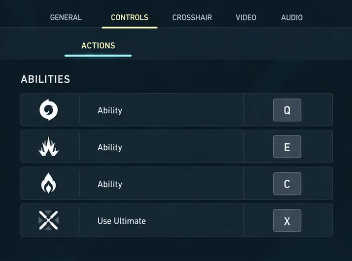 VALORANT-style Controls and Actions view showing ability binding rows with Q, E, C, and X keys.