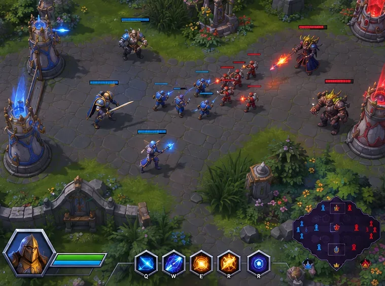 A top-down fantasy MOBA lane fight with heroes and minions for a performance retest