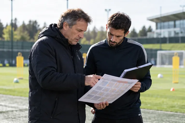 Two coaching staff members compare a printed fixture calendar and player notes at a training ground.