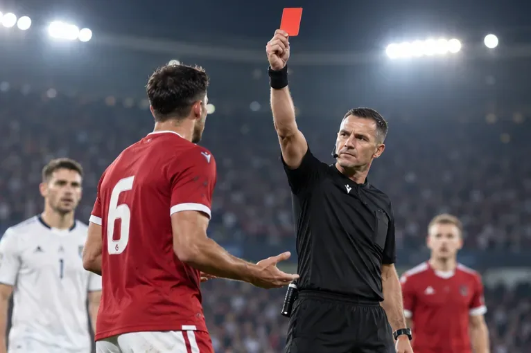 A referee holds a red card aloft during a match as a player in a red shirt faces the decision.