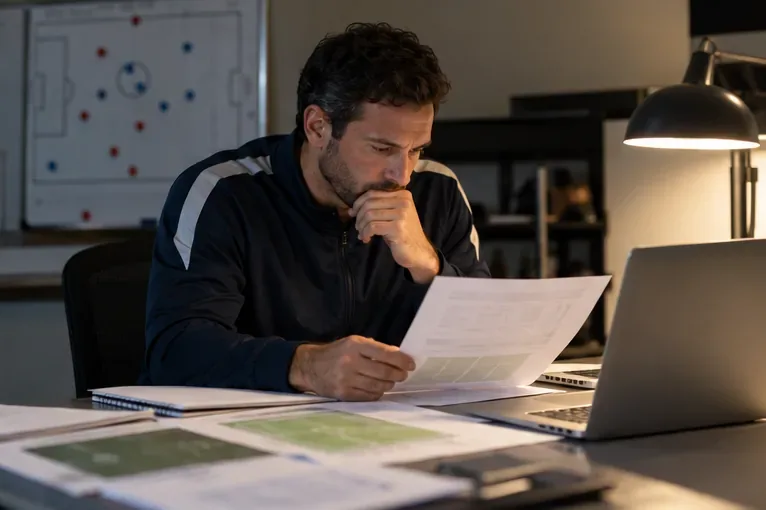 A team analyst studies a paper match report beside a laptop at a desk.