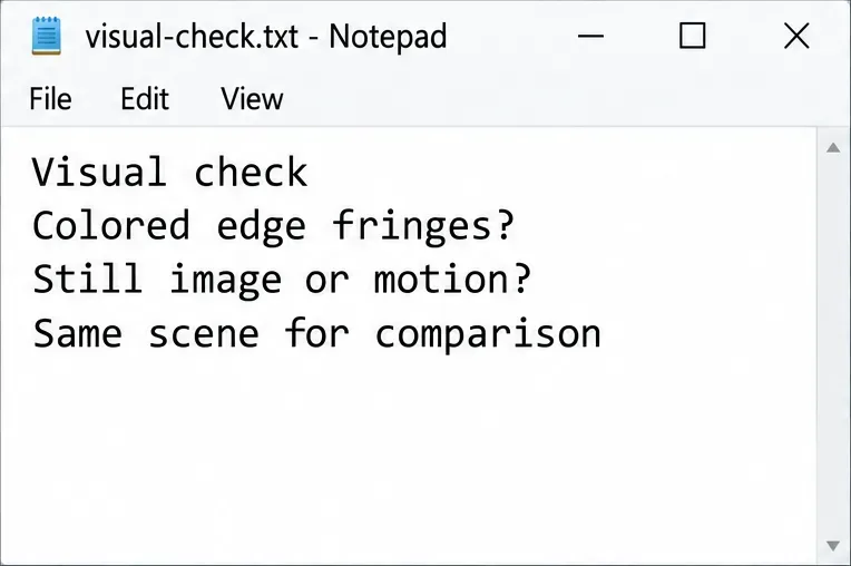 Notepad affiche une note de vérification visuelle demandant des précisions sur les franges colorées, les images fixes, le mouvement et la cohérence des scènes.