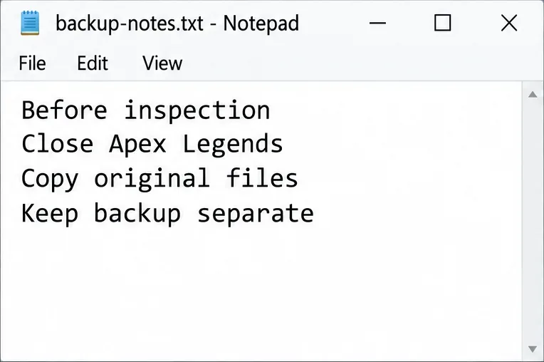 Le Bloc-notes affiche des notes de sauvegarde permettant de fermer Apex Legends, de copier les fichiers originaux et de conserver la sauvegarde séparément.