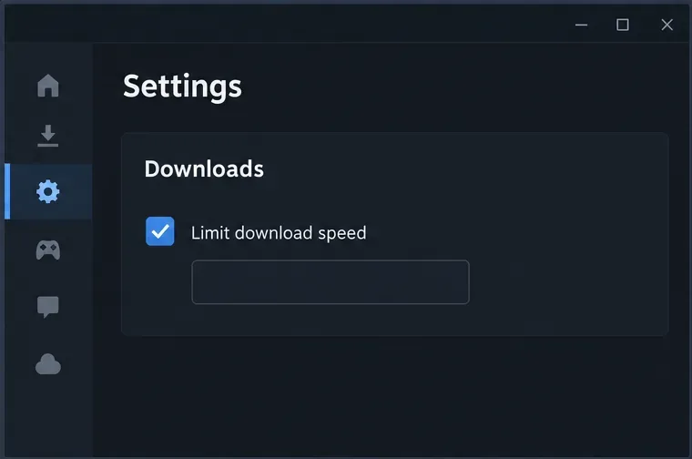 Paramètres de téléchargement Steam avec la limitation de la vitesse de téléchargement activée et un champ de vitesse prêt pour une limite.