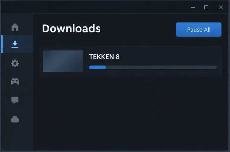 Page de téléchargement Steam avec TEKKEN 8 dans la file d'attente et une touche Pause.