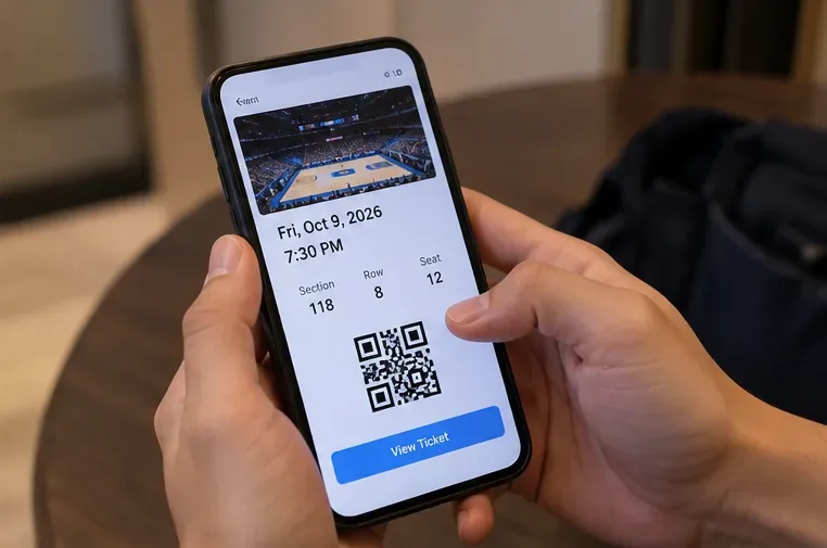 Hands holding a phone with a basketball event ticket, seat fields and a QR code
