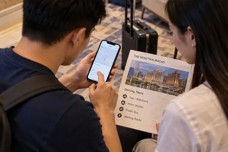 Two travelers reviewing a phone map and a printed Venetian Macao travel sheet with luggage nearby