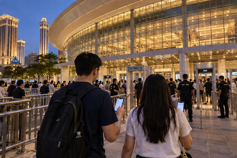 Basketball fans with phones and backpacks approaching security lanes at a brightly lit arena entrance