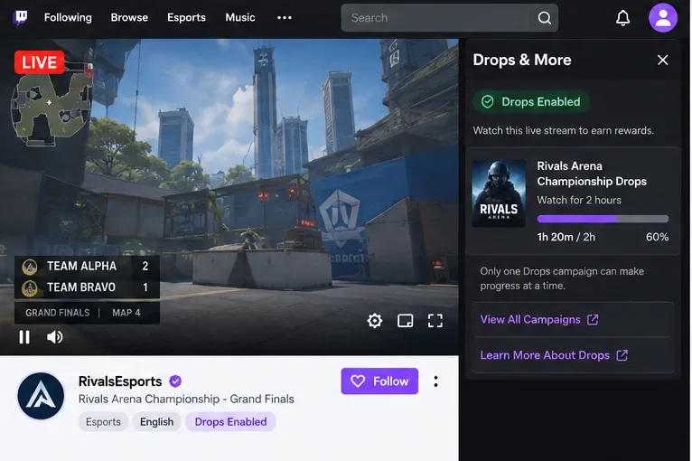 Illustrative live esports broadcast with a Drops Enabled label and a progress panel showing partial watch-time completion.