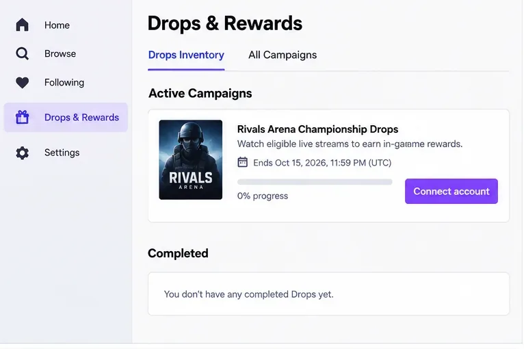 Illustrative Drops inventory screen showing an active esports campaign, zero progress, and a Connect account button.