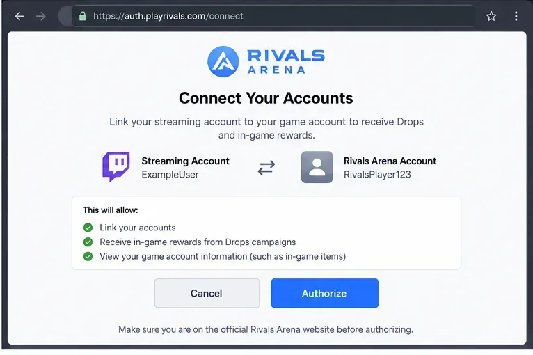 Illustrative publisher authorization page showing a streaming account and a game account before the user confirms account linking.