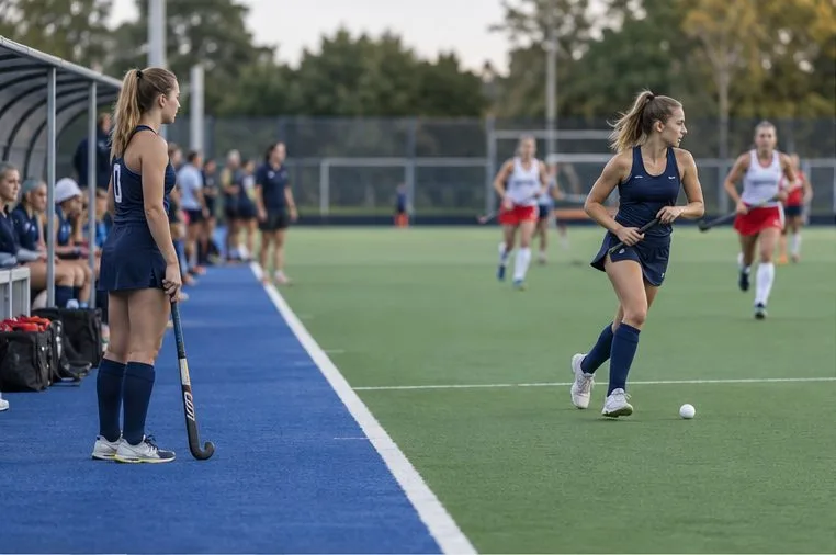 A field hockey substitute waits beside the blue bench-side area while a teammate approaches across the turf.