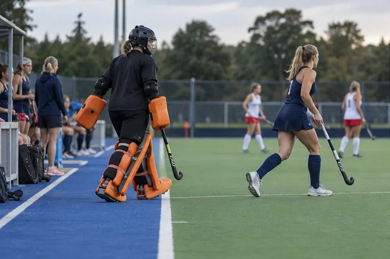 A fully padded goalkeeper stands beside the team bench while a field player moves across the turf near the substitution side.