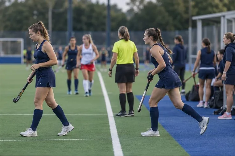 Two field hockey players pass in opposite directions at the halfway substitution area, with one leaving and the other entering.