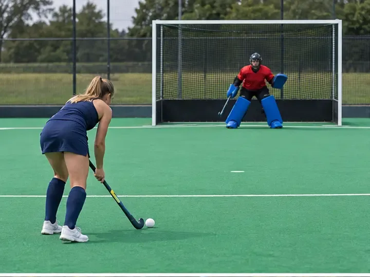 A field hockey attacker stands behind the ball near the 23-meter line while a goalkeeper waits centered on the goal line