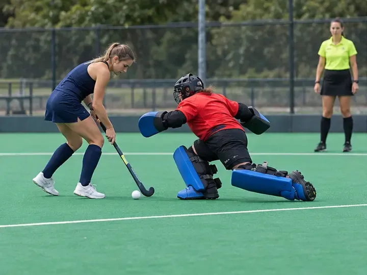 A goalkeeper reaches low across the attacker’s path as an umpire watches from inside the field