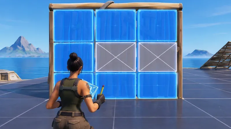 Una pared de madera muestra una cuadrícula de edición azul de tres por tres con las piezas seleccionadas durante un ejercicio de construcción.