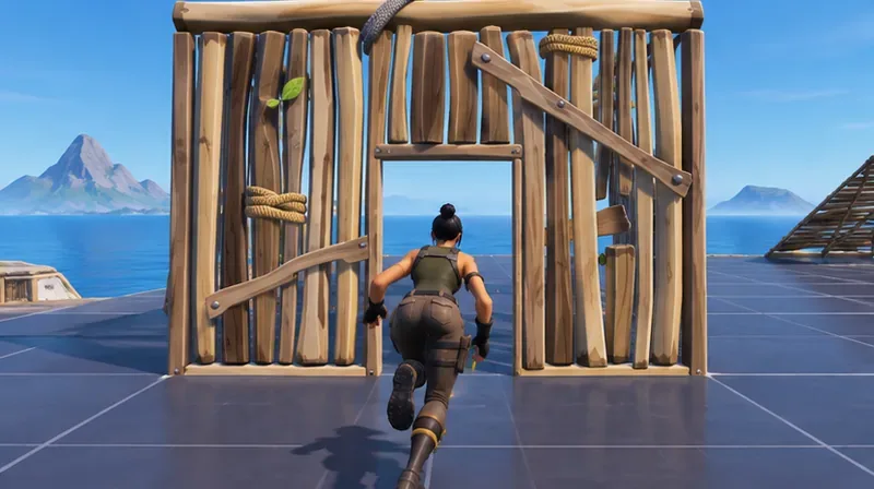 Tras realizar una edición, un jugador atraviesa una abertura en forma de puerta en una pared de madera.