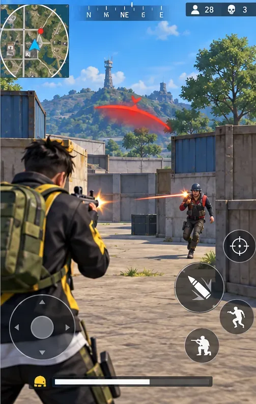 Konceptualna strzelanina w stylu Free Fire z czerwonym sygnałem ostrzegawczym o strzelaniu kierunkowym skierowanym w stronę przeciwnika