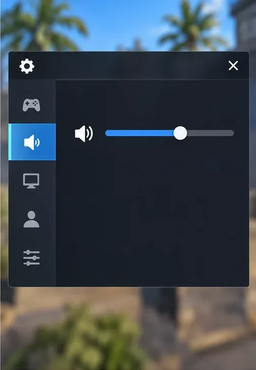 Koncepcyjne okno ustawień w stylu Free Fire z wybraną kartą Głośnik audio i pojedynczym suwakiem dźwięku