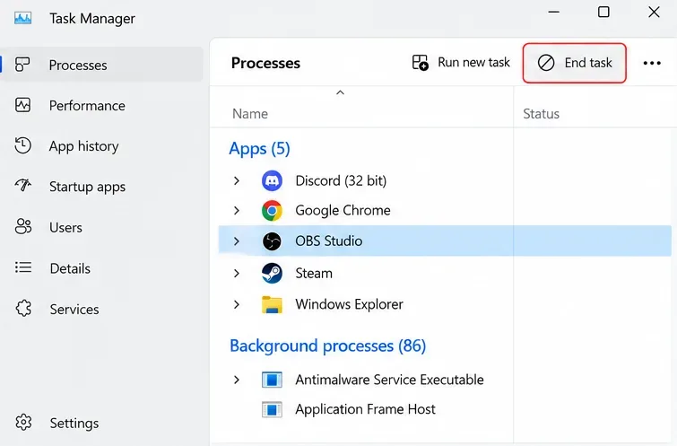 Task Manager showing OBS Studio selected among running applications
