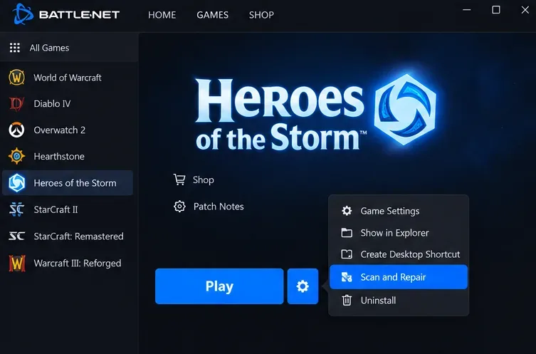 Heroes of the Storm launcher gear menu with Uninstall listed below Scan and Repair