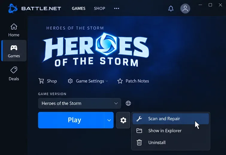 Battle.net gear menu with Scan and Repair highlighted beside the Play button