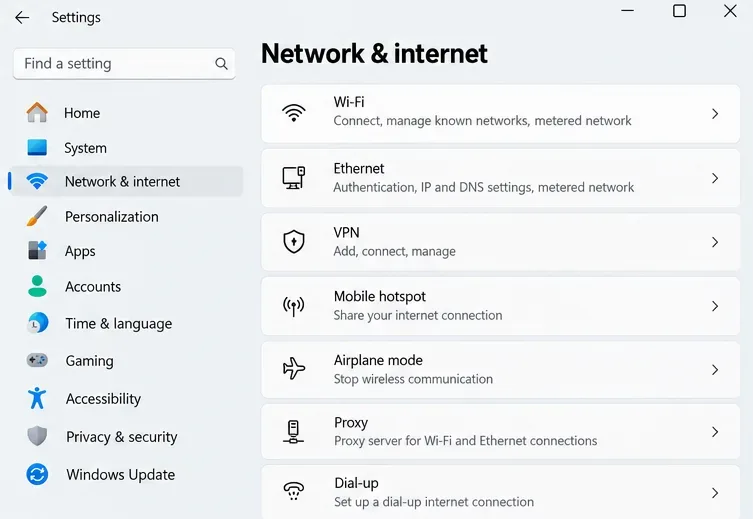 Windows Network and internet settings listing Wi-Fi, Ethernet, and VPN