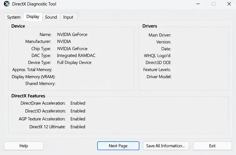 DirectX Diagnostic Tool on the Display tab with Device and Drivers sections