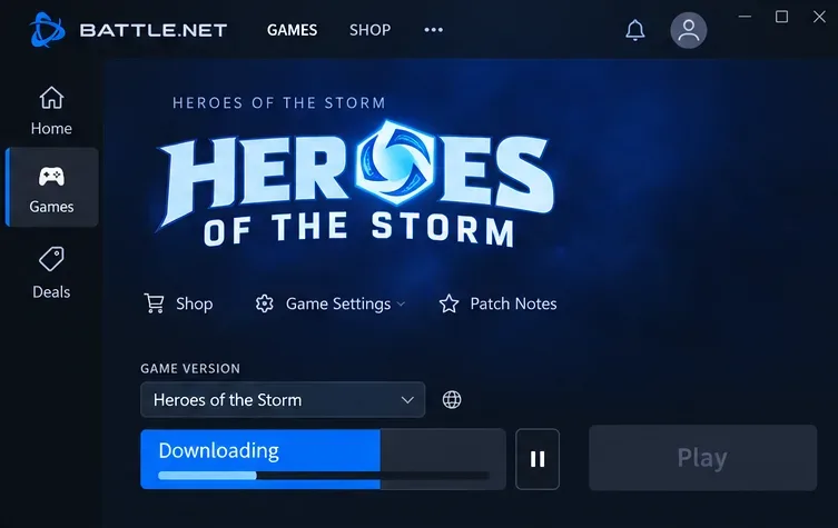 Heroes of the Storm page in Battle.net showing a Downloading progress bar