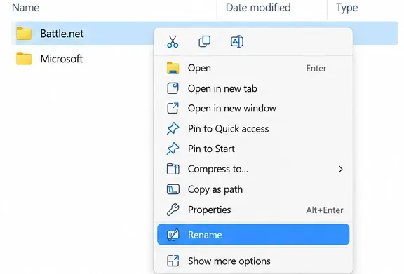 File Explorer showing the Battle.net folder selected and Rename highlighted in its context menu
