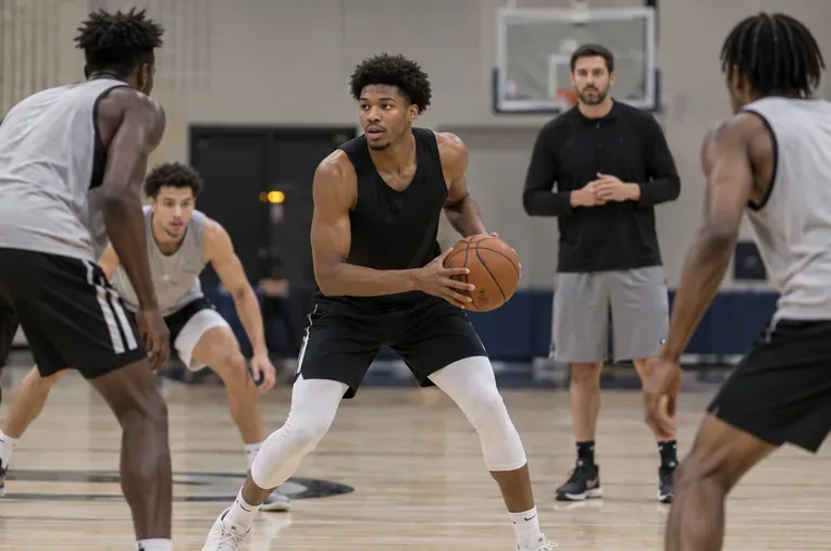 A basketball player participates in a half-court drill with teammates while a coach watches in a practice gym.