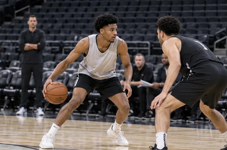 A reserve basketball player handles the ball against a defender during a preseason game in a mostly empty arena.