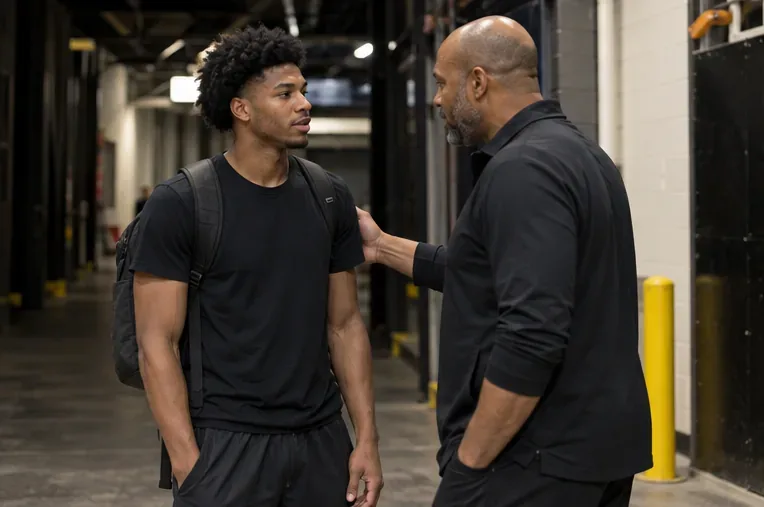 A young basketball player speaks with a coach in an arena corridor after a roster decision.