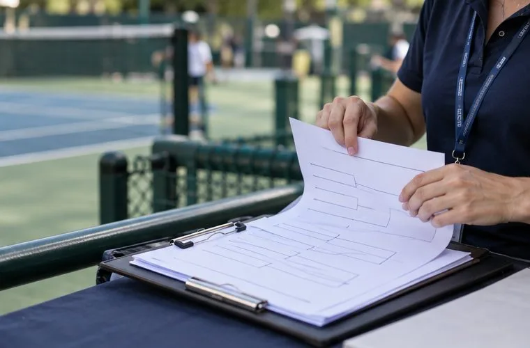 A tournament staff member reviews a generic doubles bracket on a clipboard beside a tennis court