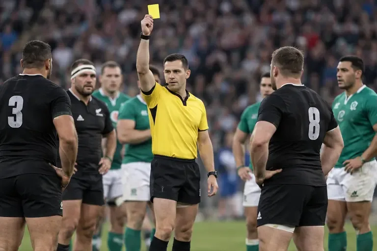 A rugby referee holds up a yellow card while players stand nearby after play has stopped